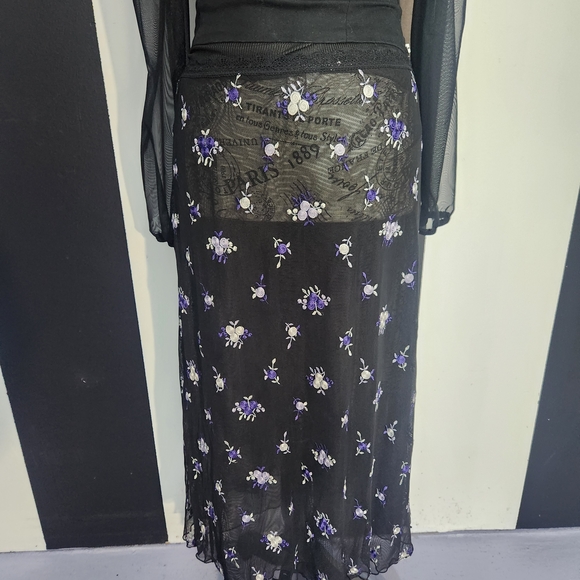 Free People Black Mesh Midi Skirt with Purple Floral Embroidery - Picture 8 of 10